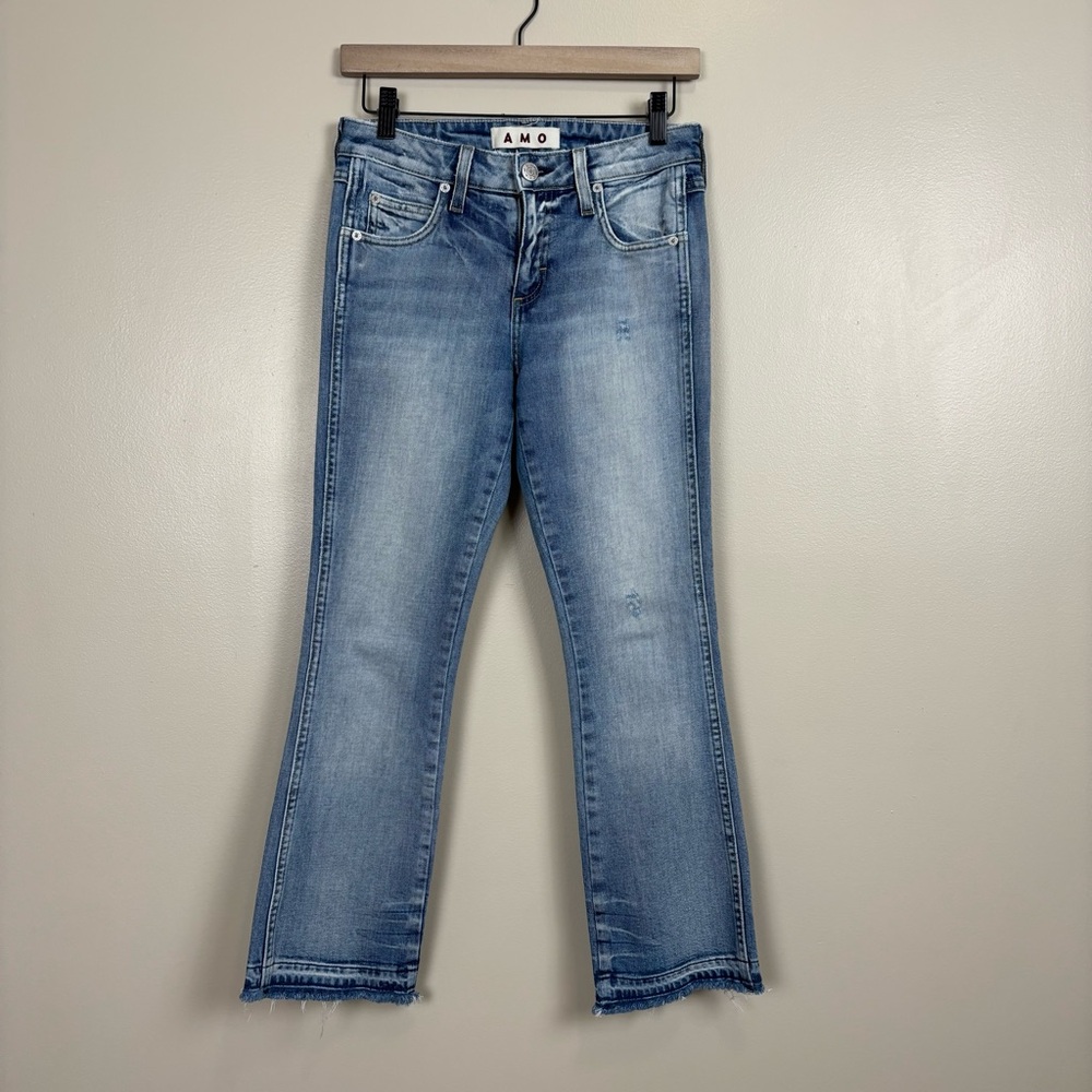 AMO Jeans‎ Women's 25 Blue Jane Blue Bell Cropped Frayed Whiskered Zip Fly Denim